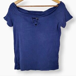 Rock & Republic Navy Blue Off-the-shoulder Peekaboo Short Sleeve Shirt Top Sz M